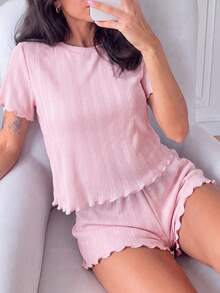 Sweet & Cute Pink Pajama Set, Crew Neck Short Sleeve Top + Shorts, Soft Fabric, Girly Homewear Outfit, 2 Pieces Set - Pink - View 6