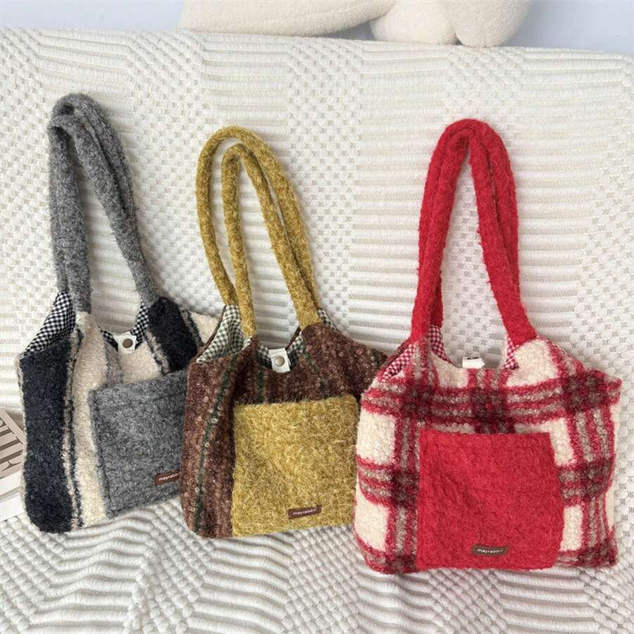 Women Shoulder Bags - Plush Patchwork Vest Bag: Brown and Green Stripes - View 1