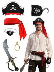 1 Set Pirate Costume Accessories Kit, Includes Pirate Hat, Bandana, Eye Patch, Hook, Hand, Gold Earrings, Prop Sword, Suitable For Halloween Role Play Theme Party Costume Props - Multicolor - View 2