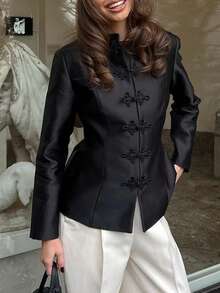 Elegant New Chinese Style Stand Collar Frog Button Long Sleeve Cinched Waist Satin Jacket (With Shoulder Pads) Solid Color For Daily Wear And Dating - Black - View 5