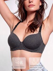 1件女款舒適睡眠有鋼圈軟罩杯純色棉質內衣內褲文胸 - 黑色 - 查看 2