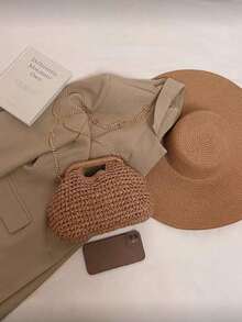 Elegant Women's Crochet Woven Bag, Soft Raffia Texture Handbag, Unique Woven Pattern, Fashion Accessory For Summer Outings And Casual Wear - Khaki - View 3