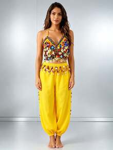 Professional Belly Dance Beaded Coin Fringe Halter Crop Top, Elastic Waist Dot Mesh Harem Pants For Dance Training, Cabaret Shows And Competitions - Multicolor - View 3