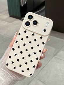 1pc Minimalist Star Phone Case, Full Print Black Five-Pointed Star Pattern, Basic Ins Style Matte Anti-Drop Phone Case #MinimalistStarPhoneCase #CreamBaseBlackStarPrint #LensFrameFullProtection #BasicInsAesthetic #ChristmasGift #NewYearGift #ValentineGift #ThanksgivingGift #BirthdayGift #BackToSchoolGift #DailyPhoneAccessory, Compatible With Iphone Case & Galaxy Case, Compatible With IPhone 17, Compatible With IPhone 17 Pro, Compatible With IPhone 17 Pro Max, Phone Accessories, Fast Shipping - White - View 2