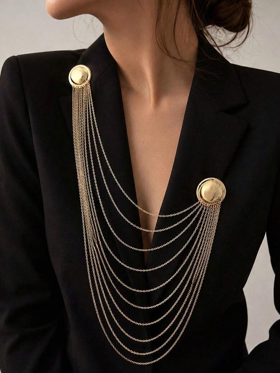 1pc INS Fashion Elegant Multi-Layer Tassel Chain Design Brooch Decoration For Dress/Suit, Exaggerated Chain Bag Pendant - Gold - View 1