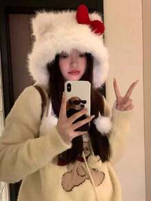 Women's Cute Bow Plush Winter Hat, Soft Fuzzy Ear-Flap Knit Cap, Warm And Comfortable, Suitable For Daily Wear, Outdoor Travel, Autumn/Winter Style - Multicolor - View 4