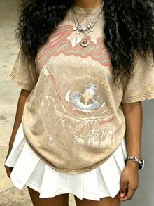Cotton Clothes Y2K-Inspired Letter Print T-Shirt,Casual Crew Neck Short Sleeve, Perfect For Spring Summer Fall, Fashion Streetwear Unisex, Graphic Tee - 杏色1 - 查看 1