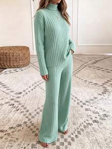 Blue Vertical Rib Knit Matching Set, Women Turtleneck Long Sleeve Top & Flare Leg Pants Soft Casual Loungewear Two Piece Outfit - Blue - View 4
