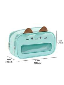 1pc Large Capacity Cat Pen Bag Pencil Case, Adorable Mint Kitten Design With Raised 3D Ear, Clear Visible Front Can Display Pins, Badges And Small Cute Ornaments Freely, School Stationery Pouch For Students, Back To School - Multi Colors - View 8