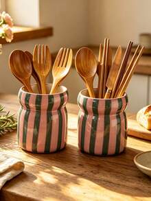 4pcs Handmade Wavy Ceramic Utensil Holder, Glossy Macaron Color Cutlery Storage Canister, Kitchen Countertop Utensil Organizer, Multi-Functional Spoon Fork Chopstick Holder, Farmhouse Style Tabletop Home Decor - Multicolor - View 8