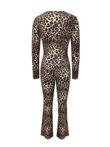 LovelyWholesale Conjunto de dos piezas para mujer con top de manga larga con cuello en V y estampado de leopardo, y pantalones acampanados, atuendos elegantes para otoño y caída - Multicolor - Ver 5