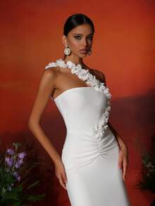 Love Aing Women's Elegant Romantic Pure White 3D Floral One-Shoulder Sleeveless Ruched A-Line Wedding Birthday Party Evening Mermaid Dress - White - View 7