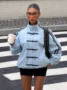 New Style Chinese Frog Button Suede Velvet Jacket Loose Fit - Blue - View 4