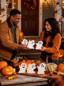 3 Sets Of Halloween Ghost Decorations-Cute Indoor Ghost Decorations,PVC Multi-Layer Tray Decoration Table Cards Set,Halloween Table Decorations For Witches Brooms,Pumpkins,Bats,Suitable For Party,Home Shelves Display,Birthday Gifts,Room Decor - A - View 5