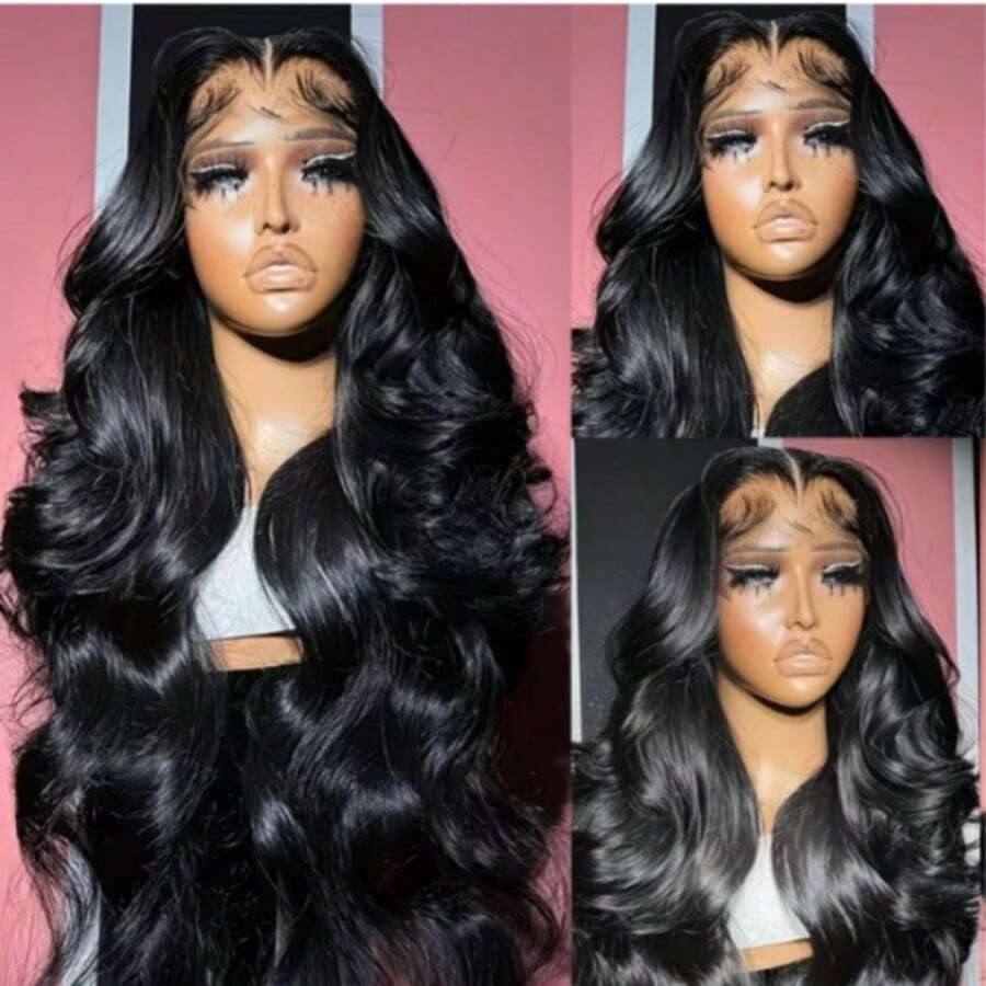 Schwarze Body Wave Lace Front Perücke für Damen 13x4 transparente Lace Front vorgezupft kleberfrei hitzebeständig Body Wavy Textur hochdichte Perücke geeignet für täglichen Gebrauch Party Cosplay - Schwarz - Übersicht 1