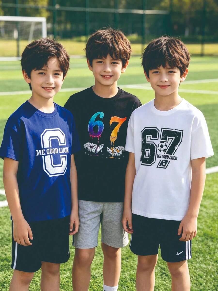 3pcs/Set Boys' Casual Printed Decorative Drop Shoulder Short Sleeve T-Shirts, Spring/Summer - Multicolor - View 1