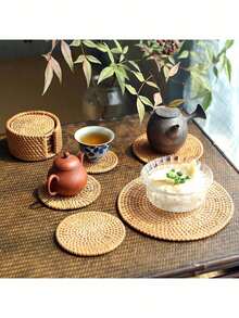 1pc/6pcs Handmade Woven Rattan Placemats, Japanese Minimalist Brown Round Heat-Resistant Anti-Scald Cup Coasters Placemats Suitable For Dining Table, Coffee Table, Home Essentials - Brown - View 6