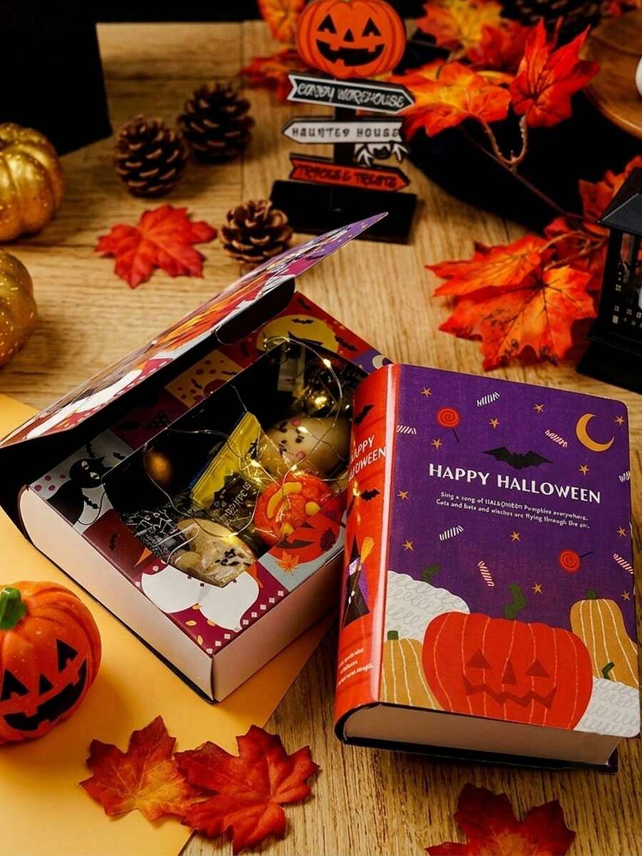 Halloween Gift Box Book-Shaped Packaging Box, Creative Pumpkin & Witch Pattern, Eerie Holiday Jewelry Storage Box, Mysterious Party Favor Supplies, Unique Room Desktop Decor, Novelty Display Box - Multicolor - View 1