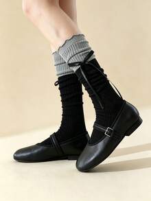 1/3 Pairs Randomly Assorted Dual-Color Patchwork Ruffle Lace-Up Bow Mid-Calf Socks For Women, Breathable Sweet Young Lady Style, Minimalist French, Preppy, Suitable For Back To School Season Daily Wear, Versatile Retro Style, Suitable For Daily Party Wear, Easy To Match, Comfortable Fabric, Fashion, Style, Ruffles, - Multicolor - View 5