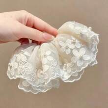 1pc Korean Style Ethereal 4-Layer Mesh Flower & Pearl Hair Scrunchie, Sweet Hair Tie For Bun, Ponytail Elastics Rubber Bands - White - View 6