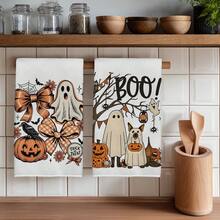 2 PIEZAS Toallas de Cocina con Estampado de Calabaza de Halloween, Lazo y Fantasma, 40*60cm Estilo de Dibujos Animados Rectangular de Microfibra, Toallas de Cocina, Paños de Plato, Manteles, Toallas de Mano, Decoración de Cocina, Decoración del Hogar de Halloween, Regalo de Inauguración de Casa para Vecinos, Perfecto para Uso en Cocina y Baño, Adecuado para Amas de Casa y Reuniones Familiares, Gran Valor, Esencial del Hogar - Blanco - Ver 1