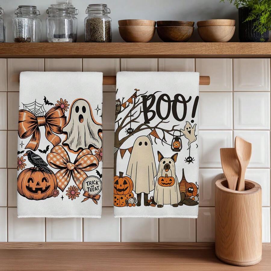 2 PIEZAS Toallas de Cocina con Estampado de Calabaza de Halloween, Lazo y Fantasma, 40*60cm Estilo de Dibujos Animados Rectangular de Microfibra, Toallas de Cocina, Paños de Plato, Manteles, Toallas de Mano, Decoración de Cocina, Decoración del Hogar de Halloween, Regalo de Inauguración de Casa para Vecinos, Perfecto para Uso en Cocina y Baño, Adecuado para Amas de Casa y Reuniones Familiares, Gran Valor, Esencial del Hogar - Blanco - Ver 1