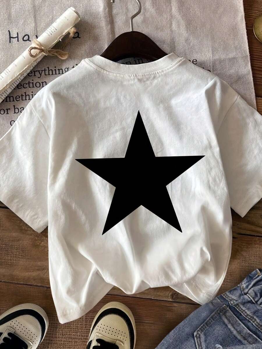 Casual Oversize T-Shirt For Women With Black Star Print - White Round Neck Short Sleeve Top For Spring/Summer, Fast Local Delivery - 白色 - 查看 1