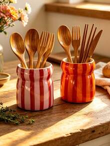 4pcs Handmade Wavy Ceramic Utensil Holder, Glossy Macaron Color Cutlery Storage Canister, Kitchen Countertop Utensil Organizer, Multi-Functional Spoon Fork Chopstick Holder, Farmhouse Style Tabletop Home Decor - Multicolor - View 9