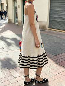 Standard Size Women's Spring/Summer Spaghetti Strap Contrast Color Webbing Patchwork Character Print Striped Patchwork Casual Vacation Dress - Multicolor - View 5