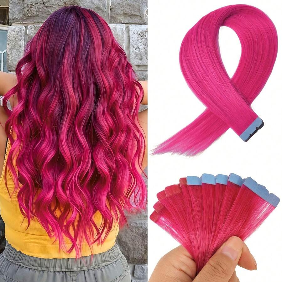 Kercsityn Hot Pink Mini Tape In Hair Extensions Human Hair Invisible Long Diy Hair Extensions Tape Ins Straight Pink Real Hair For Party