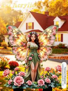 1pc 2D Flat Outdoor Acrylic Stake, Designed For Soil And Potted Plants, Depicting A Fairy In Roses, Perfect For Enhancing Garden As Decorative Pot Ornament, Ideal For Outdoor Yard Decor - Fairy Wing Garden Stake - View 3