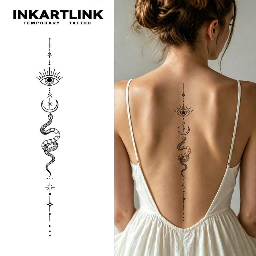 INKARTLINK 1PC All-Seeing Eye Snake & Spine Tattoo Back Decorative Sticker, Temporary Waterproof Body Art Tattoo Sticker, Lasts 1-2 Weeks, Plant-Based Juice Tattoo, Suitable As A Gift For Girls, Essential For People, Party Decoration - Black - View 1