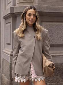 FGGG Fashion Musim Semi/Musim Gugur Wanita Blazer Minimalis Serbaguna Gaya Vintage Longgar Warna Abu-abu Muda Kerah Tinggi - Khaki - View 4