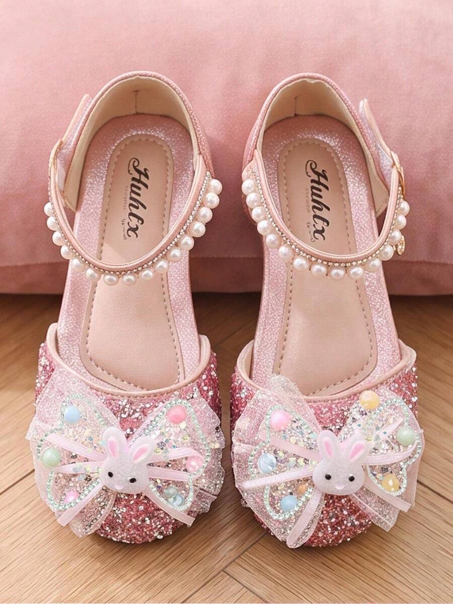 1 Pair Girls Pink Rhinestone Closed Toe Princess Sandals, Rabbit Colorful Beads Bow + Pearl Strap, Adjustable Gold Rhinestone Buckle, Non-Slip Thin Flat Sole, Breathable Lightweight Summer Shoes, Suitable For Toddlers.Kids Daily.Party.Wedding.Travel Wear - Pink - View 1