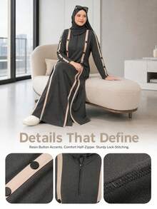 Casual Dark Gray Striped Half-Zip Side Button Decor Long Sleeve Loose Muslim Maxi Dress Fall - Dark Grey - View 5