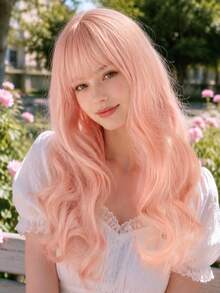 Long Wavy Synthetic Fiber Wig With Bangs, Natural Looking Soft Hairpiece With Breathable Rose Lace Inner Net, Women's Halloween Daily Wear Cosplay Wear Wig - Multicolor - View 1