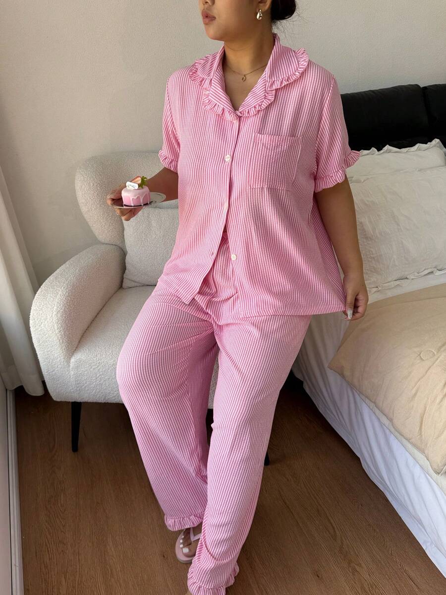 Women's Cute & Stylish Printed Soft Plus Size Pajama Set, Short Sleeve Button Collar Short Top & Long Pants, Soft Skin-Friendly Loungewear, Loose Slimming Fit, Machine Washable & Easy Care, Minimalist Versatile Style For Home & Casual Wear, Suitable For Daily Outings - Multicolor - View 1