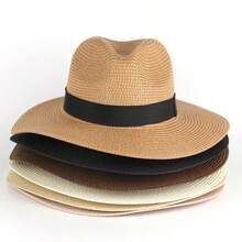 Unisex Wide Brim Panama Straw Hat, Foldable Lightweight Beach Sun Hat, Black Ribbon Decor, UV Protection, Suitable For T - Multicolor - View 2
