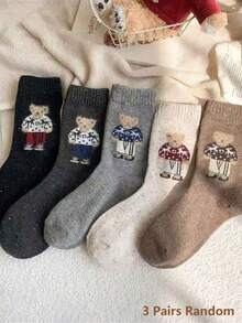 5 Pairs Vintage Polka Dot Short Socks With Cute Bear Pattern, Suitable For Warmth In Autumn And Winter. 1/3/5 Pairs - Set a - View 8