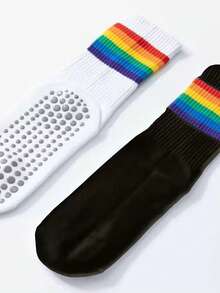 1/3 Pairs Women's Mid-Calf Yoga Socks, Professional Non-Slip Yoga Socks For Indoor Pilates, Soft Comfortable Lightweight Sports Socks With Dotted Anti-Slip Rainbow Stripes For Jump Rope - Multicolor - View 6