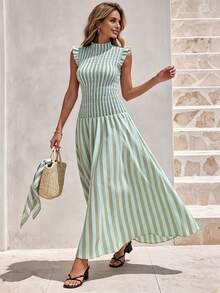 Grün gestreiftes Maxikleid, Damen Rüschen Stehkragen ärmellos geraffte Taille fließend A-Linie Sommerurlaub Sommerkleid - Verschiedenfarbig - Übersicht 3