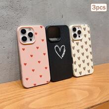 3pcs Heart Print Faux Leather Texture Anti-Drop Anti-Scratch Anti-Slip Phone Case Set, Kawaii Heart Aesthetic Design (Red Mini Heart, Beige Gradient Heart, White Line Heart), Compatible With IPhone 11/12/13/14/15/16/16 Plus/17/17 Pro/17 Pro Max/16e & Galaxy S24 Ultra/S25 Ultra/A06 - Multicolor - View 1