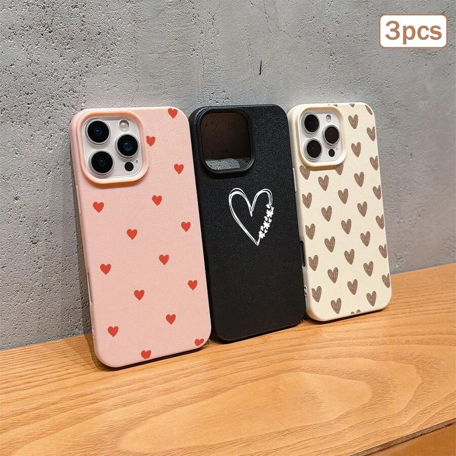 3pcs Heart Print Faux Leather Texture Anti-Drop Anti-Scratch Anti-Slip Phone Case Set, Kawaii Heart Aesthetic Design (Red Mini Heart, Beige Gradient Heart, White Line Heart), Compatible With IPhone 11/12/13/14/15/16/16 Plus/17/17 Pro/17 Pro Max/16e & Galaxy S24 Ultra/S25 Ultra/A06 - Multicolor - View 1