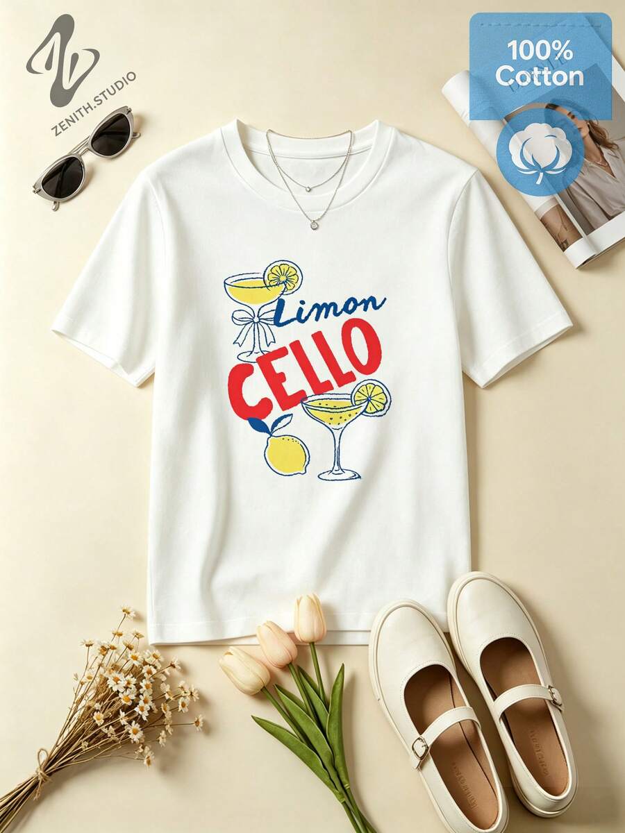 LIMONCELLO Chic Italian Lemon Cocktail Print Cotton Short Sleeve T-Shirt For Summer Vacation - 白色 - 查看 1