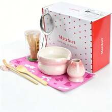 4 peças/5 peças/7 peças/8 peças Conjunto de Chá Matcha Degradê Rosa, Tigela de Matcha Estilo Japonês com Bico, Conjunto Completo com Batedor de Chá de Bambu e Peneira, Presente para Cerimônia do Chá, Conjunto de Presente para o Dia dos Namorados - Rosa chiclete - Visão 1