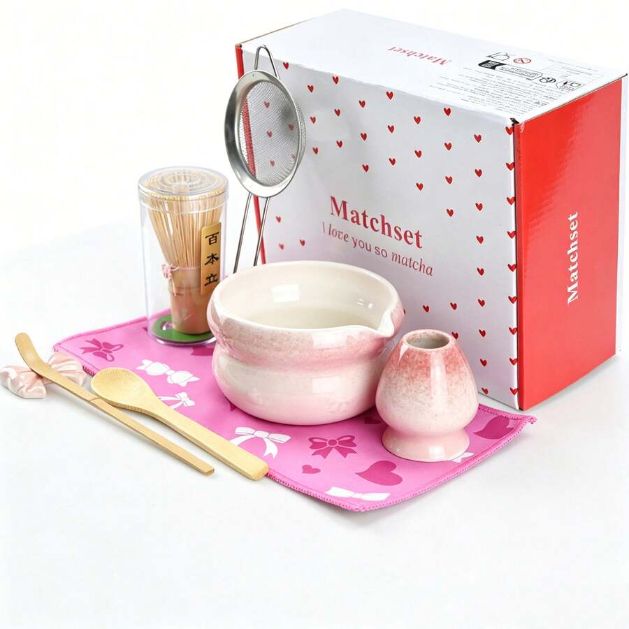 4 peças/5 peças/7 peças/8 peças Conjunto de Chá Matcha Degradê Rosa, Tigela de Matcha Estilo Japonês com Bico, Conjunto Completo com Batedor de Chá de Bambu e Peneira, Presente para Cerimônia do Chá, Conjunto de Presente para o Dia dos Namorados - Rosa chiclete - Visão 1