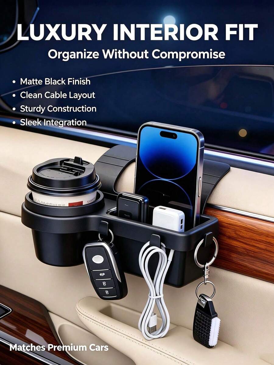 Multifunctional Car Storage Box With Cup Holder, Beverage Holder, Side Door Window Phone Slot And Hanging Storage Rack - Durable ABS Material, Easy Installation, Space-Saving Design