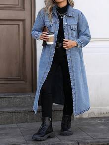 Mobula Sound# Plus Size Women's Spring/Summer Versatile Fashion Denim Jacket With Front Buttons, Long Length, Suitable For Daily, Holiday, Airport Wear - Blue - View 3