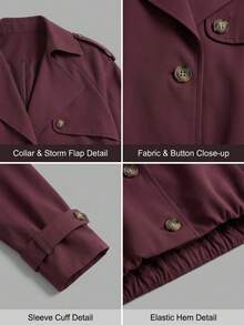 Button Long Sleeve Minimalist Trench Coat, Elegant College Style For Commute And Daily Wear - Burgundy - View 5