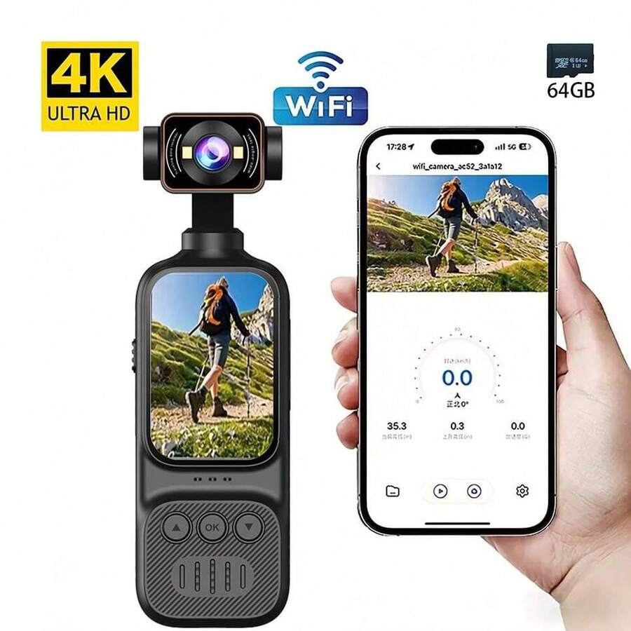 4K High Definition WiFi Action Camera, Handheld Video Recording Camera, Equipped With 270 Degree Rotating Lens, 2 Inch Display Screen, 64GB SD Card, Loop Recording Function, 7 Hours Battery Life, Built-In Microphone, Suitable For Outdoor Sports - View 1